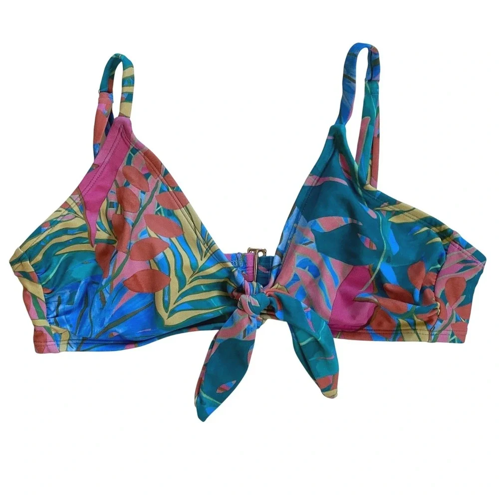Kona Sol Womens Tropical Leaf Bikini Set Blue Pink Tie Front Top L‎ Bottom M